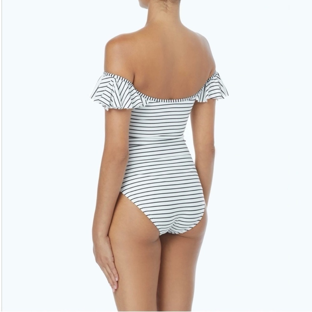 VINCE CAMUTO Ruffle Sleeves Black & White Zebra Stripe One Piece Swimsuit - Picture 7 of 11